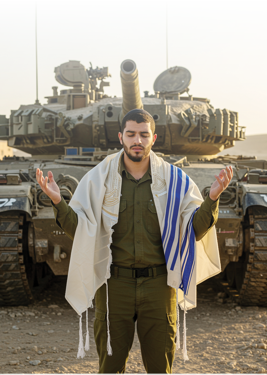 Israeli soldier stood in front of tank with a prayer shawl and praying