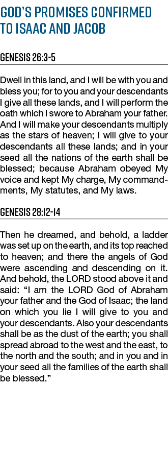 God s promises confirmed to Isaac and Jacob Genesis 26:3-5 Dwell in this land, and I will be with you and bless you;    