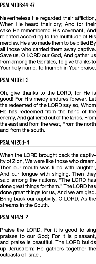 Psalm 106:44 47 Nevertheless He regarded their affliction, When He heard their cry; And for their sake He remembered    