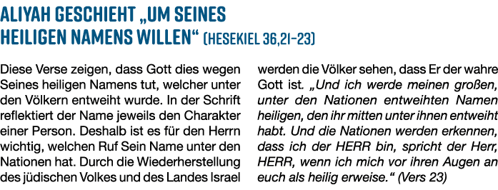 Aliyah geschieht „um Seines heiligen Namens willen“ (Hesekiel 36,21–23) Diese Verse zeigen, dass Gott dies wegen Sein...