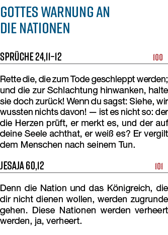 Gottes Warnung an die Nationen Spr che 24,11–12 100 Rette die, die zum Tode geschleppt werden; und die zur Schlachtun...