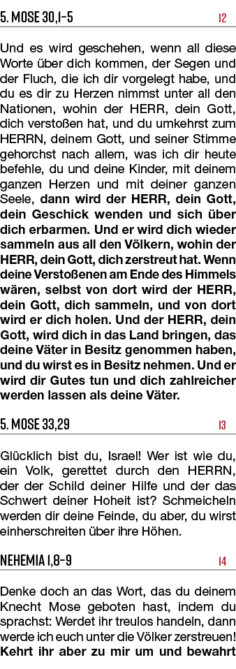 5. Mose 30,1–5 12 Und es wird geschehen, wenn all diese Worte ber dich kommen, der Segen und der Fluch, die ich dir ...