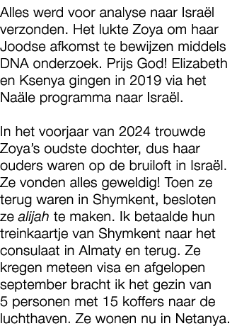 Alles werd voor analyse naar Isra l verzonden. Het lukte Zoya om haar Joodse afkomst te bewijzen middels DNA onderzoe...