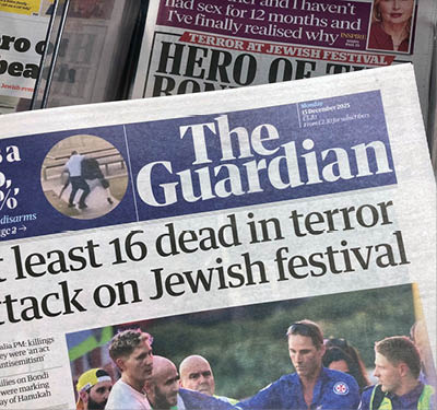 Nottinghamshire, UK 15 Dec 2025 : Anti-semitism Terror attack on Jewish festival in Australla Sydney, which dominated the front page of UK newspapers