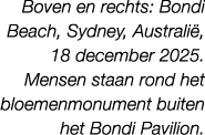 Boven en rechts: Bondi Beach, Sydney, Australi , 18 december 2025. Mensen staan rond het bloemenmonument buiten het B...