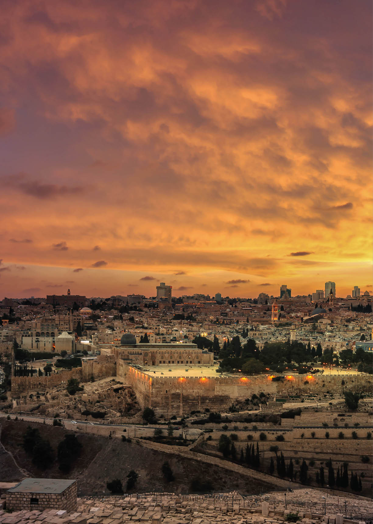 Panoramic sunset view of Jerusalem Old City and Temple Mount from the Mount of Olives
