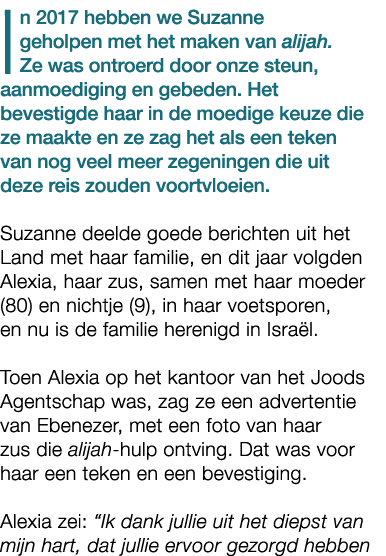 In 2017 hebben we Suzanne geholpen met het maken van alijah. Ze was ontroerd door onze steun, aanmoediging en gebeden...