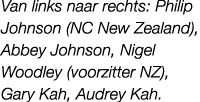 Van links naar rechts: Philip Johnson (NC New Zealand), Abbey Johnson, Nigel Woodley (voorzitter NZ), Gary Kah, Audre...