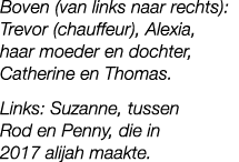 Boven (van links naar rechts): Trevor (chauffeur), Alexia, haar moeder en dochter, Catherine en Thomas. Links: Suzann...