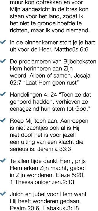 muur kon optrekken en voor Mijn aangezicht in de bres kon staan voor het land, zodat Ik het niet te gronde hoefde te ...