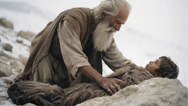 Portrait of Abraham and his son Isaac on mount Moriah. Old testament concept.