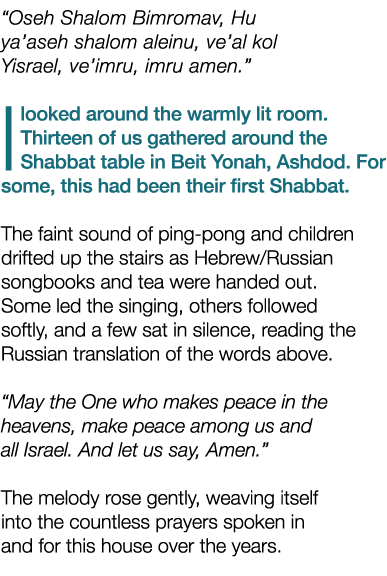 “Oseh Shalom Bimromav, Hu ya’aseh shalom aleinu, ve’al kol Yisrael, ve’imru, imru amen.” I looked around the warmly l...