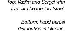 Top: Vadim and Sergei with five olim headed to Israel. Bottom: Food parcel distribution in Ukraine.