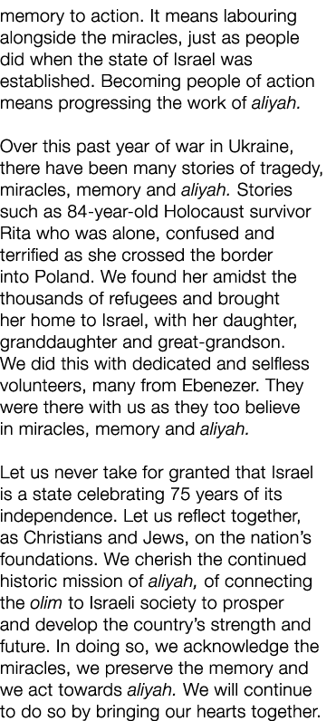 memory to action. It means labouring alongside the miracles, just as people did when the state of Israel was establis...