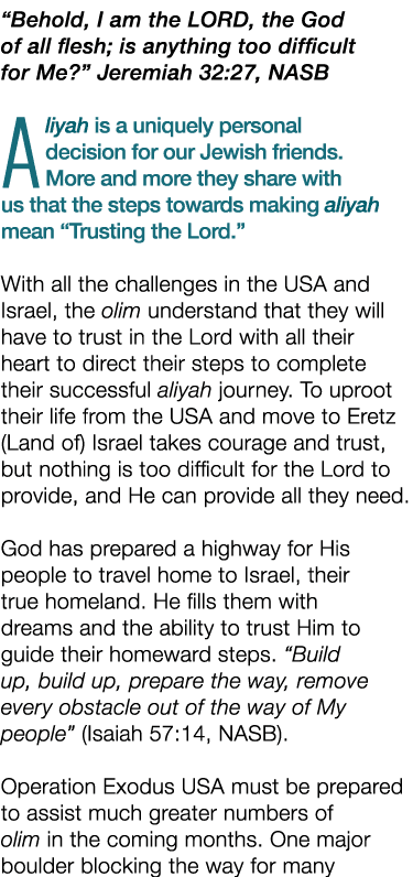 “Behold, I am the LORD, the God of all flesh; is anything too difficult for Me?” Jeremiah 32:27, NASB Aliyah is a uni...