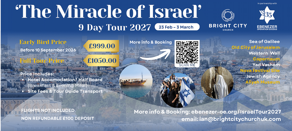 A promotional flyer for a nine-day 2027 tour titled The Miracle of Israel featuring early bird and full tour prices, key locations, and booking information with images of a boat, people, and a historic site. Description generated by AI