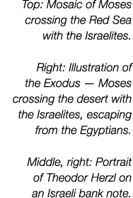 Top: Mosaic of Moses crossing the Red Sea with the Israelites. Right: Illustration of the Exodus — Moses crossing the...