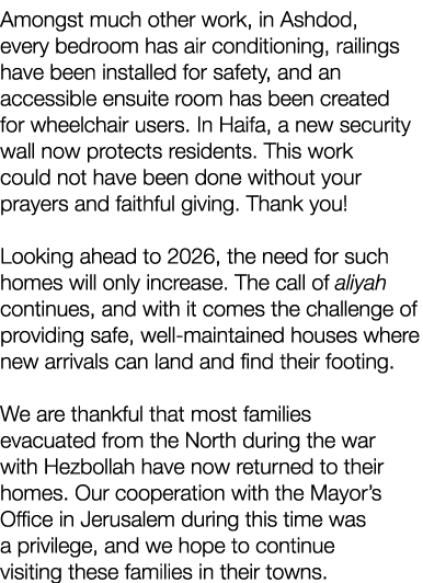 Amongst much other work, in Ashdod, every bedroom has air conditioning, railings have been installed for safety, and ...