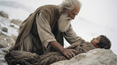 Portrait of Abraham and his son Isaac on mount Moriah. Old testament concept.