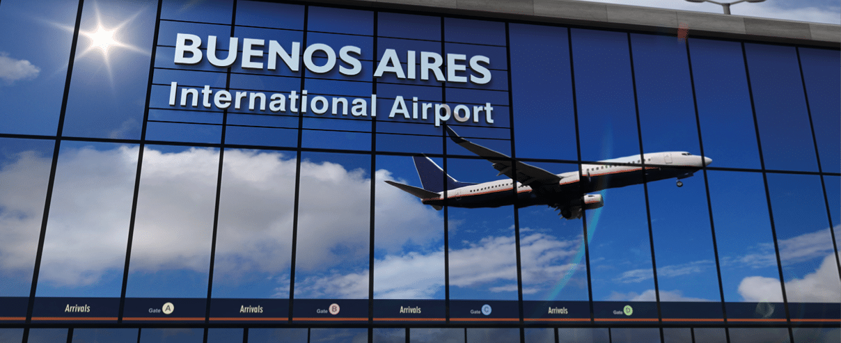 Jet aircraft landing at Buenos Aires, Argentina 3D rendering illustration. Arrival in the city with the glass airport terminal and reflection of the plane. Travel, business, tourism and transport concept.