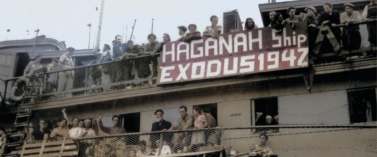 THE ILLEGAL IMMIGRANTS SHIP “EXODUS" IN HAIFA    PORT.  עולים בלתי חוקיים על אוניית המעפילים "אקסודוס" בנמל חיפה, טרם גירושם למחנות      בקפריסין.