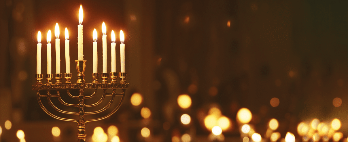 Hanukkah concept with burning menorah candles. Celebration of israely hanuka, copy space.
