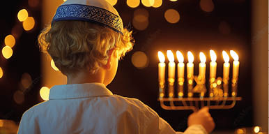 https://s.mj.run/J2qJNhi9jg8 Back view of a blonde boy wearing a yarmulke and a white button-down shirt, detailed close-up shot., lighting a Hanukkah menorah or Star of David-shaped candelabra with in the style of a Jewish home decorated with gold lights and lights on the table at night., traditional religious celebration . Back view. Bokeh lights., with the photograph taken from behind the subject. --chaos 20 --ar 16:9 --style raw --stylize 200 --v 6.1 Job ID: 58a2ae16-6964-470f-b820-302492be8263