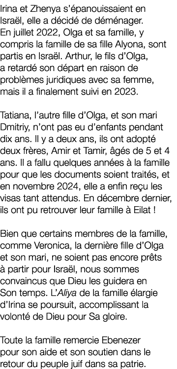 Irina et Zhenya s’ panouissaient en Isra l, elle a d cid de d m nager. En juillet 2022, Olga et sa famille, y compri...