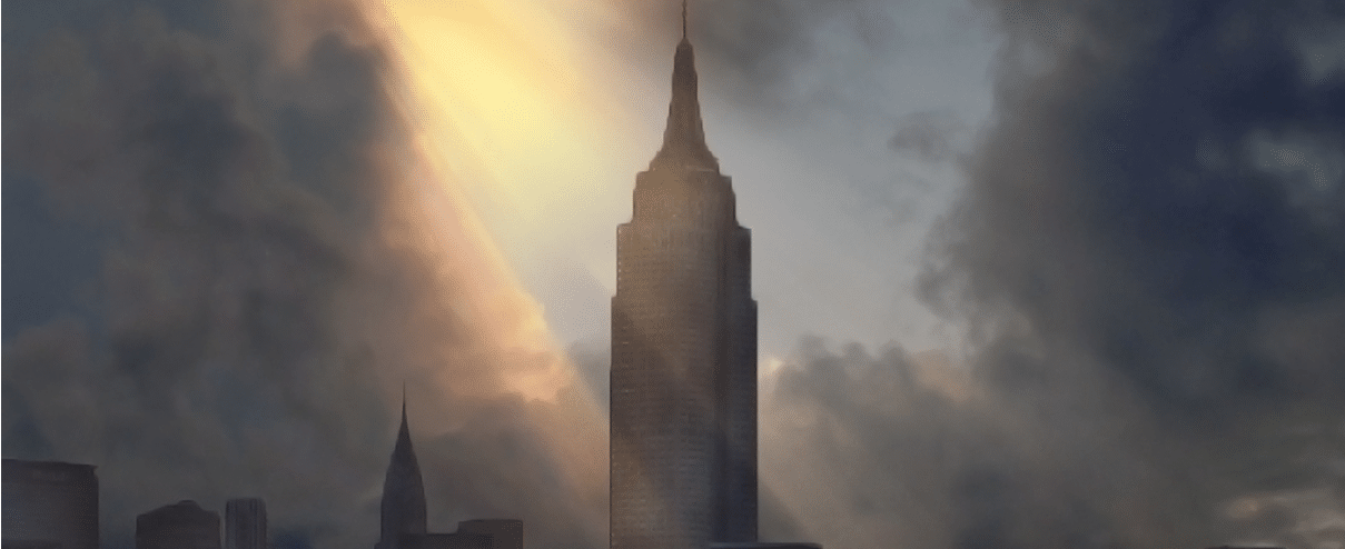 A tall skyscraper is illuminated by a dramatic beam of sunlight breaking through dark, cloudy skies. Description generated by AI