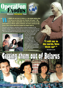 A collage-style poster titled “Operation Exodus" shows people holding hands, a globe, and groups of people with text about helping people leave Belarus and go to Israel, featuring a quote from Isaiah 43:6. Description generated by AI