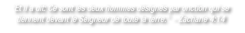 ‘Et il a dit: Ce sont les deux hommes d sign s par onction qui se tiennent devant le Seigneur de toute la terre.’ Zac...