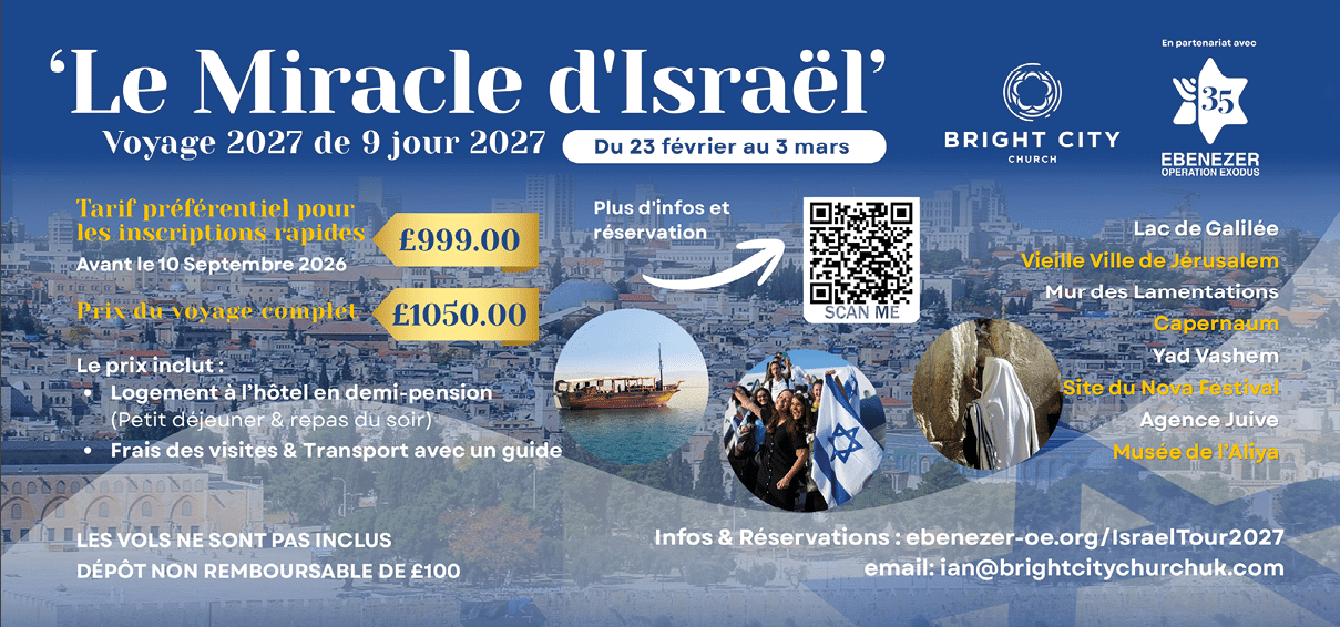 A promotional flyer for a nine-day 2027 tour titled The Miracle of Israel featuring early bird and full tour prices, key locations, and booking information with images of a boat, people, and a historic site. Description generated by AI