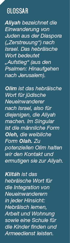 GLOSSAR Aliyah bezeichnet die Einwanderung von Juden aus der Diaspora („Zerstreuung“) nach Israel. Das hebr ische Wor...