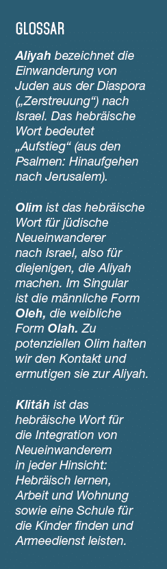 GLOSSAR Aliyah bezeichnet die Einwanderung von Juden aus der Diaspora („Zerstreuung“) nach Israel. Das hebr ische Wor...