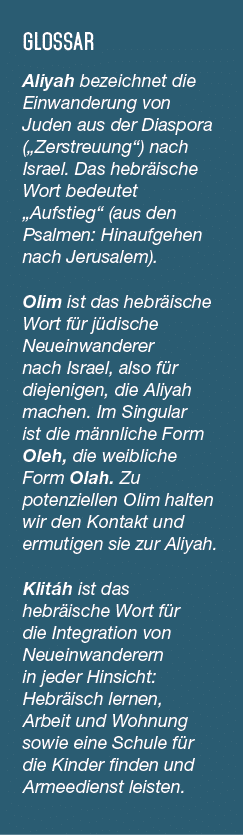 GLOSSAR Aliyah bezeichnet die Einwanderung von Juden aus der Diaspora („Zerstreuung“) nach Israel. Das hebr ische Wor...