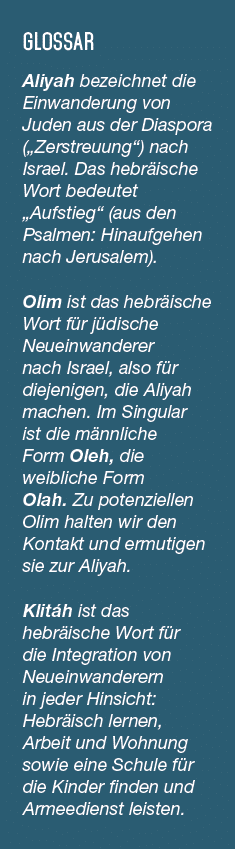 GLOSSAR Aliyah bezeichnet die Einwanderung von Juden aus der Diaspora („Zerstreuung“) nach Israel. Das hebr ische Wor...