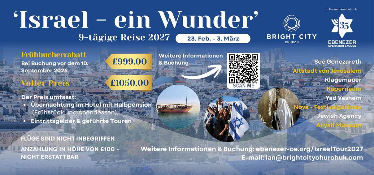 A promotional flyer for a nine-day 2027 tour titled The Miracle of Israel featuring early bird and full tour prices, key locations, and booking information with images of a boat, people, and a historic site. Description generated by AI