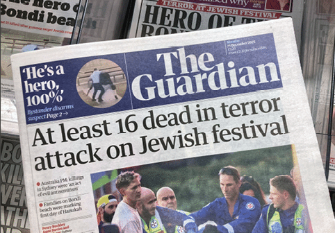 Nottinghamshire, UK 15 Dec 2025 : Anti-semitism Terror attack on Jewish festival in Australla Sydney, which dominated the front page of UK newspapers