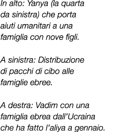 In alto: Yanya (la quarta da sinistra) che porta aiuti umanitari a una famiglia con nove figli. A sinistra: Distribuz...