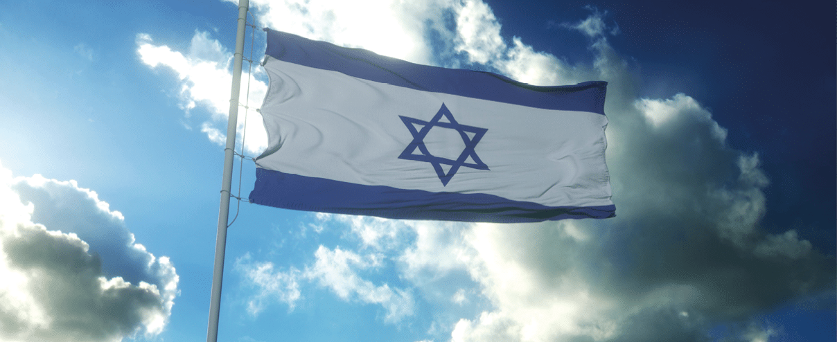 Flag of Israel waving at wind against beautiful blue sky. 3d illustration.