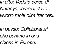 In alto: Veduta aerea di Netanya, Israele, dove vivono molti olim francesi. In basso: Collaboratori che parlano in un...