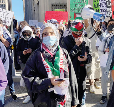 New York NY USA-October 13, 2023 Baruch College and other CUNY students and their supporters rally and march. The protest was part of the Day of Rage called for by Hamas