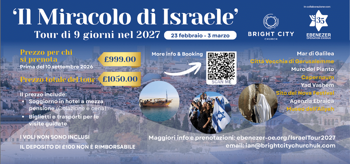 A promotional flyer for a nine-day 2027 tour titled The Miracle of Israel featuring early bird and full tour prices, key locations, and booking information with images of a boat, people, and a historic site. Description generated by AI