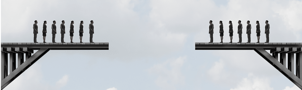 Divided groups concept as two teams of people on a broken bridge as a business metaphor for corporate separation with 3D illustration elements 