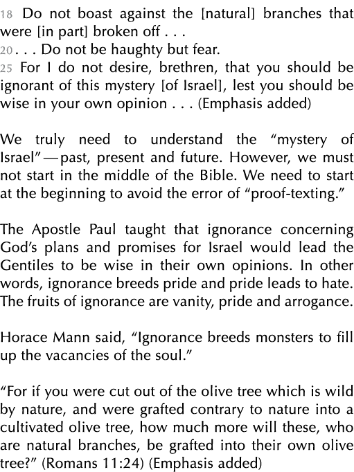 18 Do not boast against the [natural] branches that were [in part] broken off . . . 20 . . . Do not be haughty but fe...