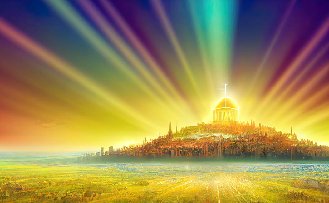 The New Jerusalem Holy City of Zion glowing with the glory of God in front of a grassy plain. Biblical imagery Revelation concept of New Earth. 3d rendering religious illustration.