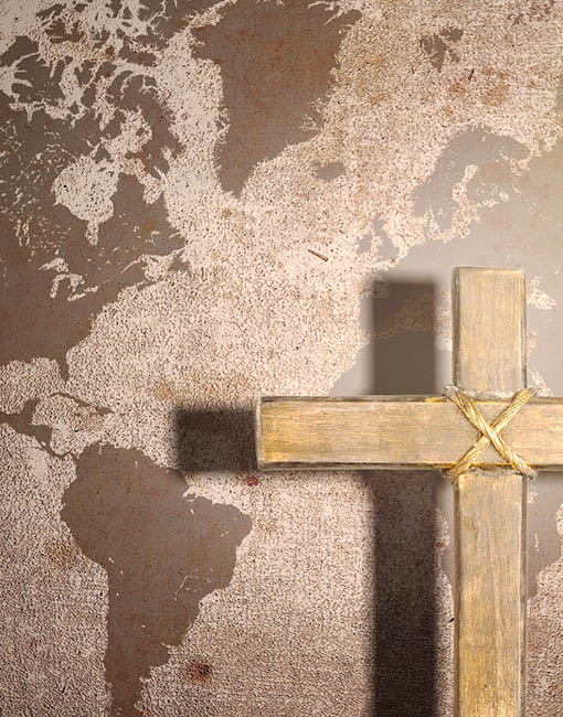 The Holy Cross and the World Gospel on world background.