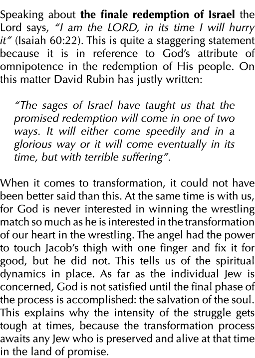 Speaking about the finale redemption of Israel the Lord says, “I am the LORD, in its time I will hurry it” (Isaiah 60...