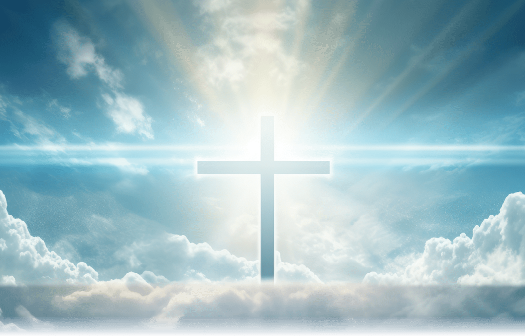 Christian Easter concept with a radiant cross in the sky symbolizing faith in Jesus Christ salvation and eternal life