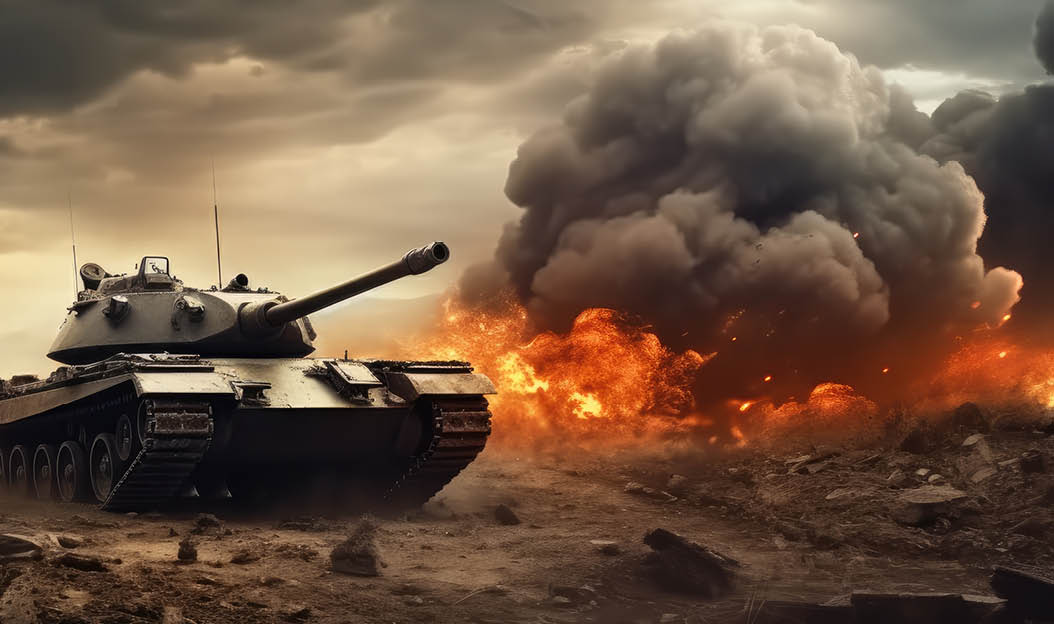 Desert combat with a battle tank that supports the army on the advance for tactical war.